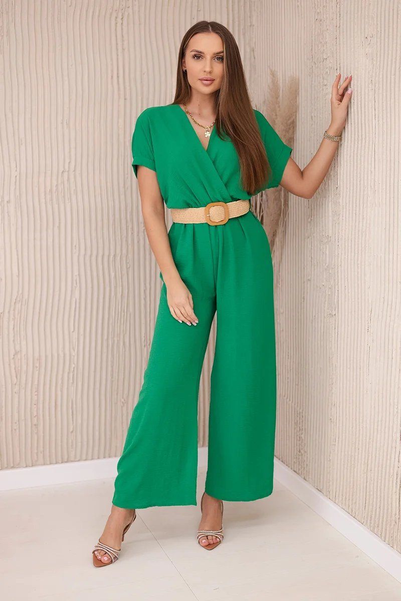 Jumpsuit with decorative belt at the waist dark green