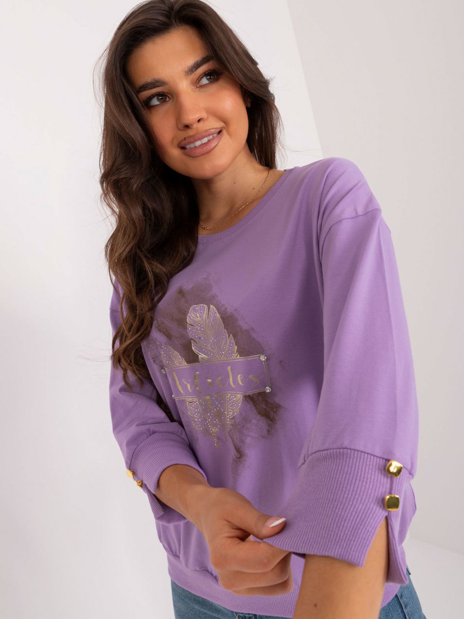Light purple cotton blouse with print and round neckline