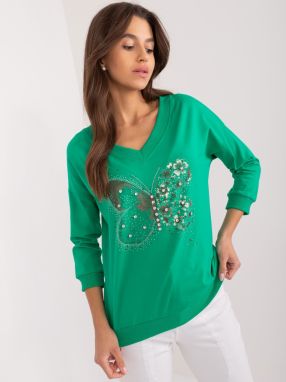 Green women's blouse with print and rhinestones