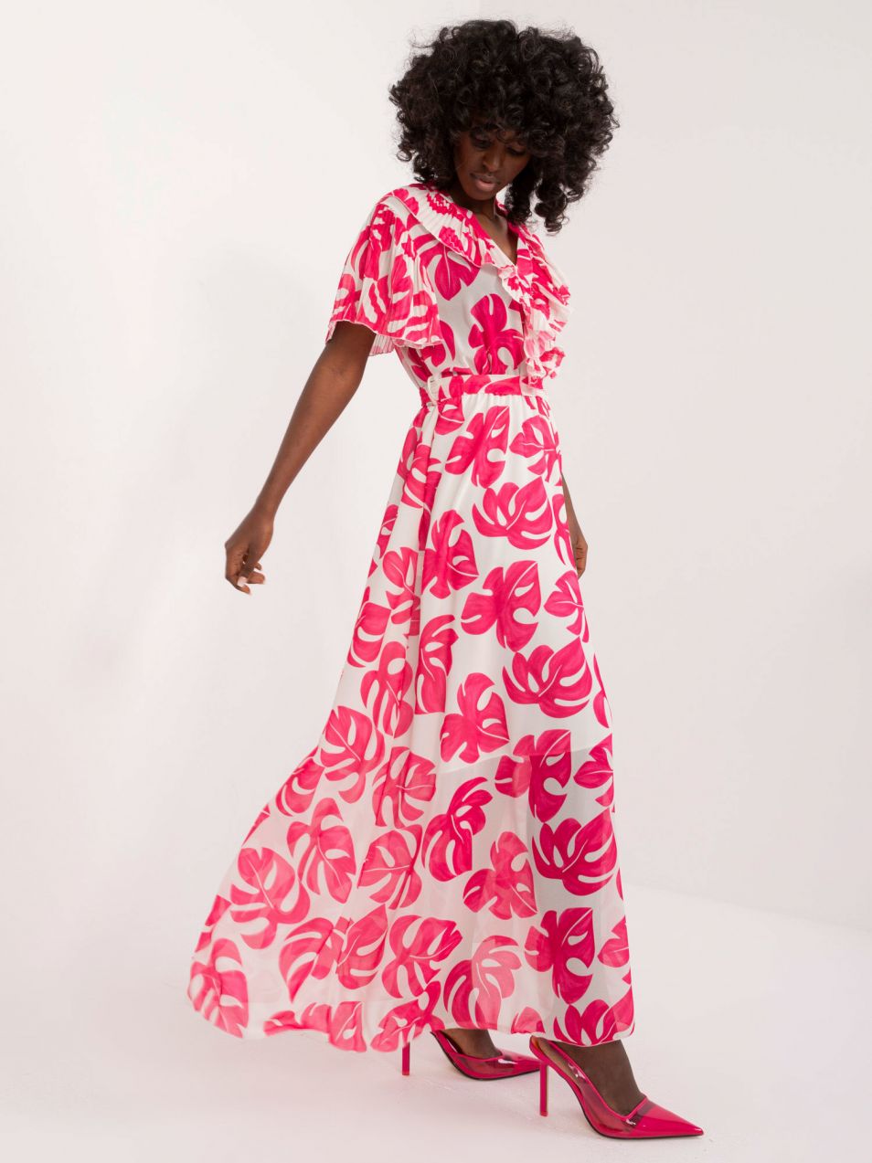 Ecru-fuchsia dress with a floral print