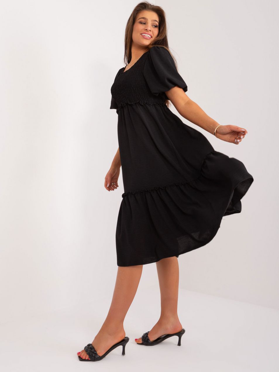 Black midi dress with puff sleeves