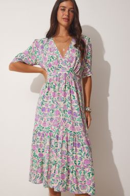 Happiness İstanbul Women's Cream Pink Wrap Collar Floral Summer Viscose Dress