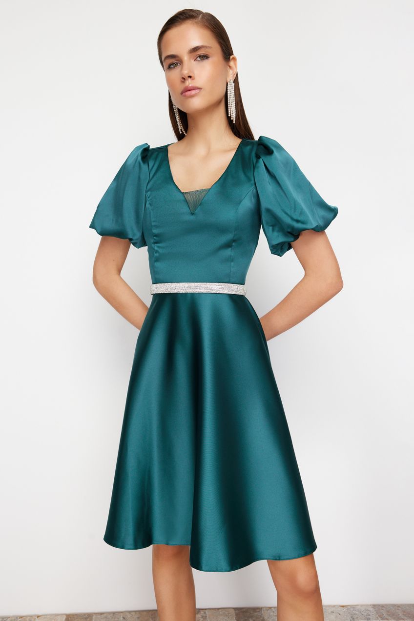 Trendyol Emerald Green Stone Accessory Belt Detailed Woven Elegant Evening Dress