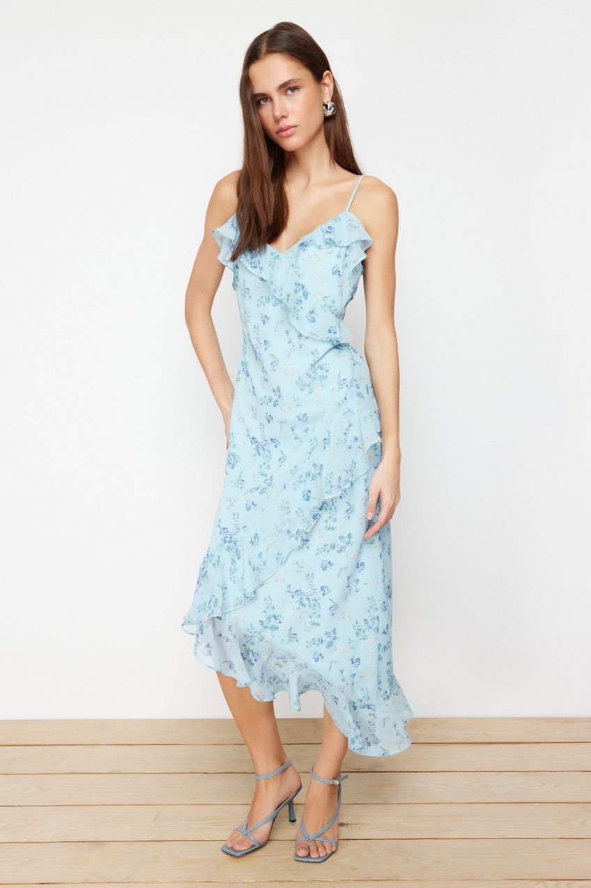 Trendyol Blue Floral Ruffle A-line Chiffon Lined Maxi Woven Dress