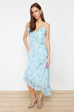 Trendyol Blue Floral Ruffle A-line Chiffon Lined Maxi Woven Dress