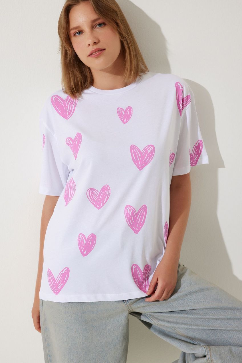 Happiness İstanbul Women's White Pink Heart Printed Oversize Cotton T-Shirt