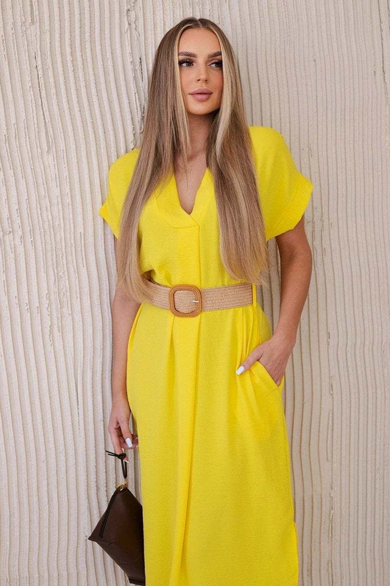 Women's dress with decorative belt - yellow