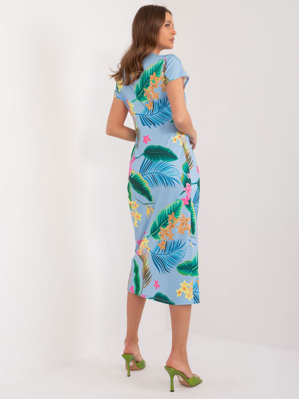 Light blue women's dress with exotic prints