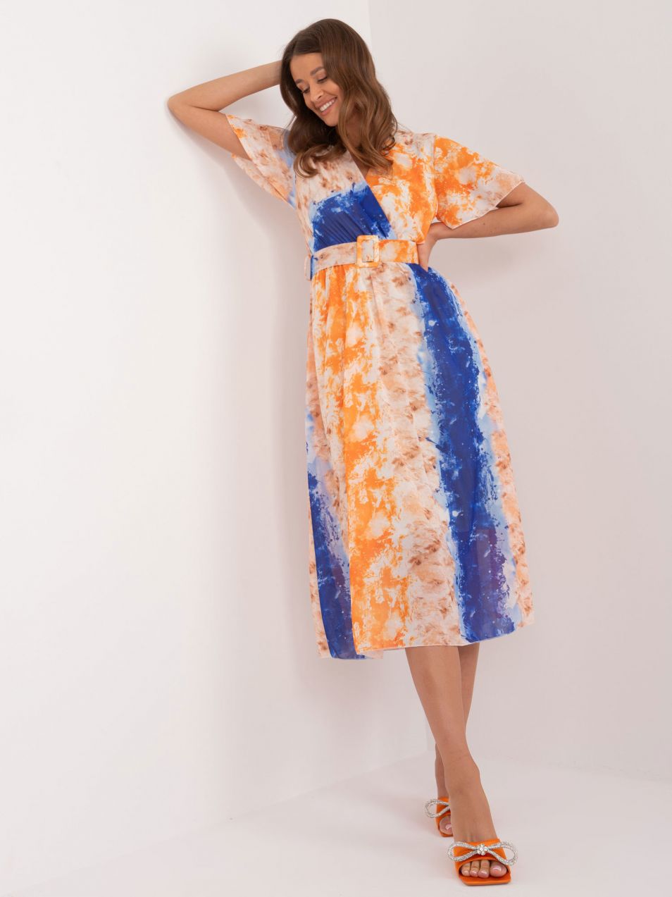 Orange blue patterned dress with belt