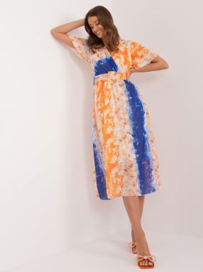 Orange blue patterned dress with belt