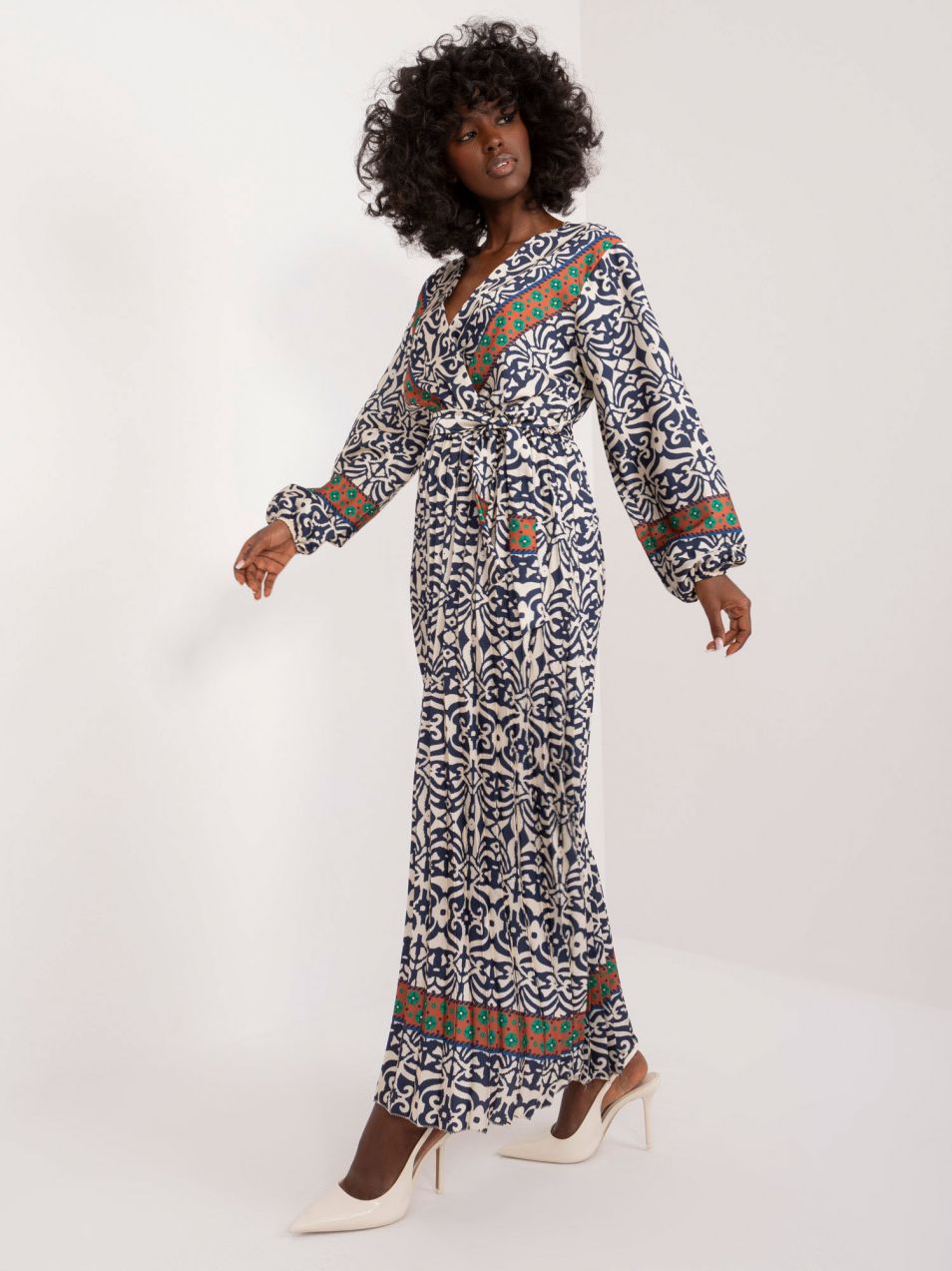 Navy blue and beige long dress with patterns