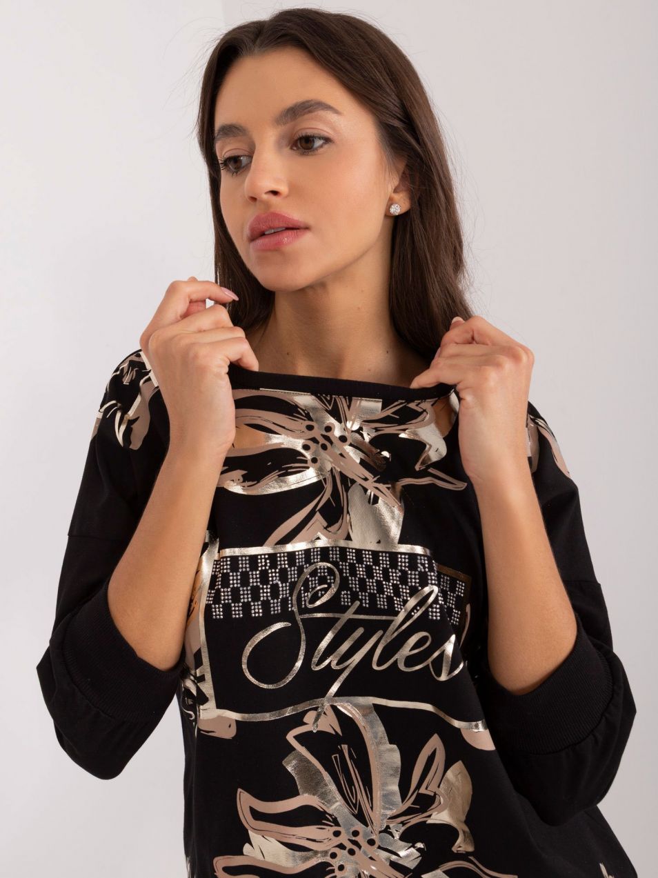 Black blouse with print and appliqué