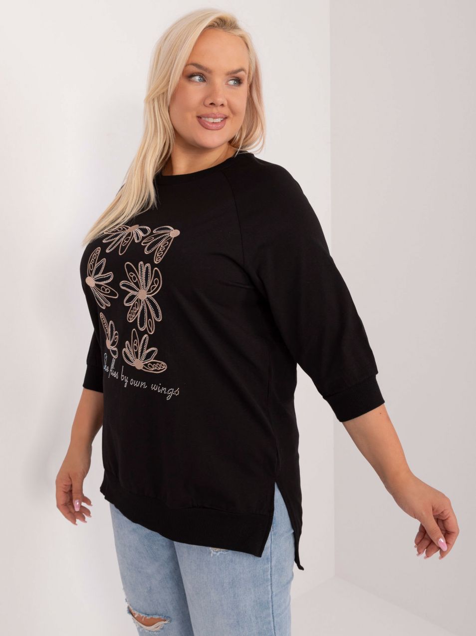 Plus size black casual blouse with appliqué