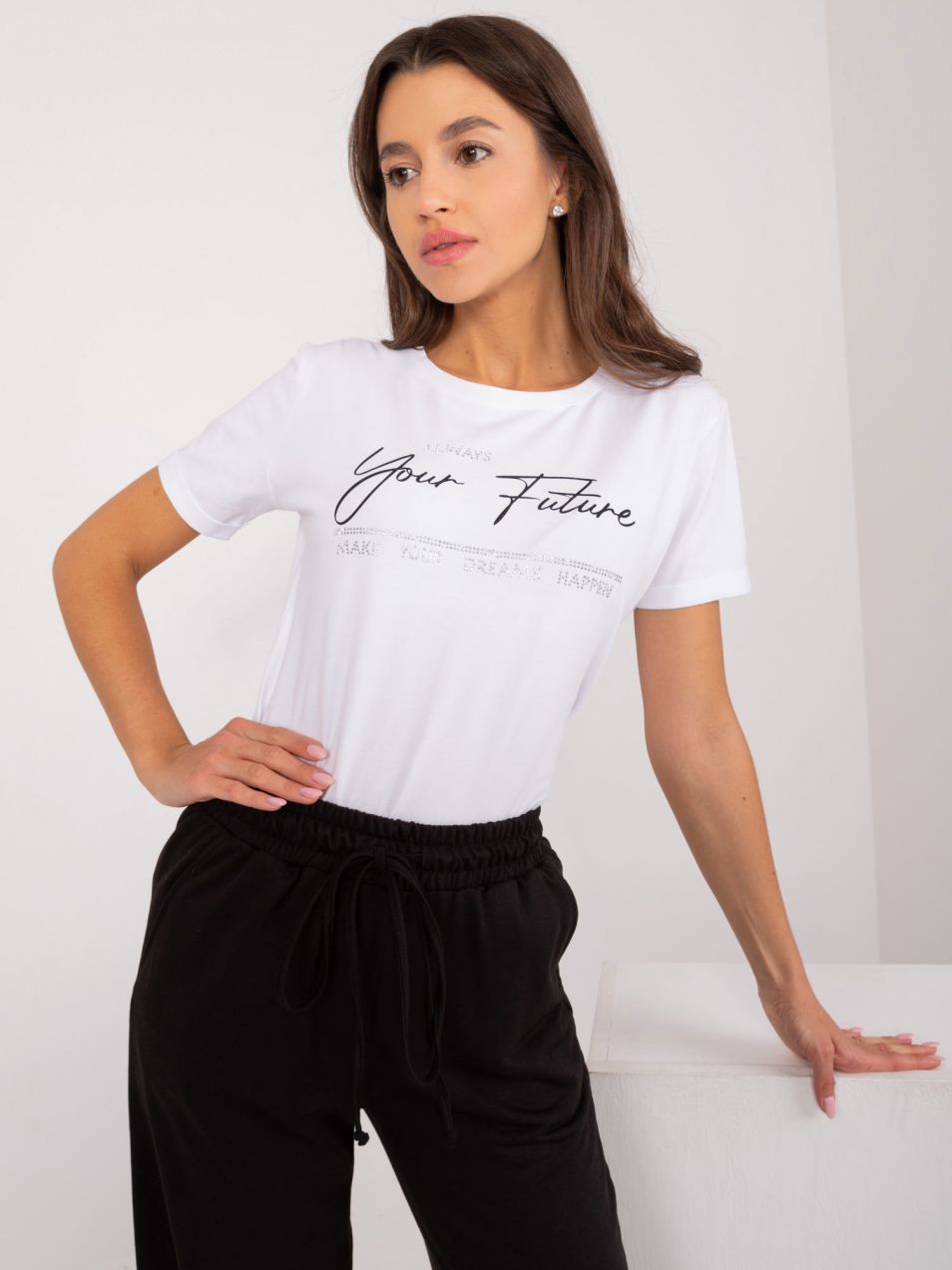 White women's T-shirt with a round neckline