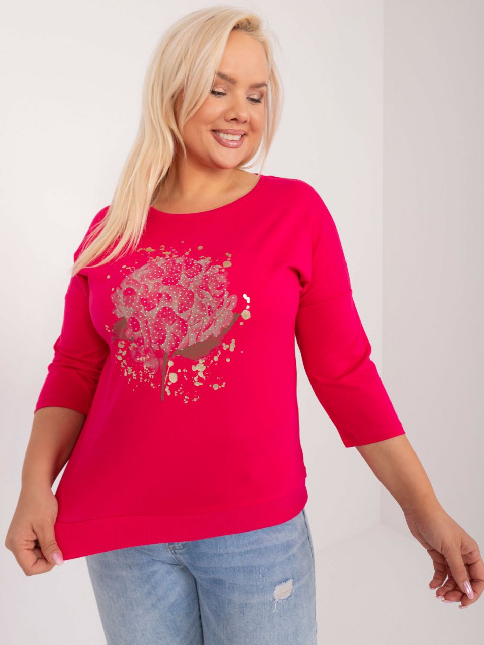 Plus-size fuchsia blouse with a round neckline