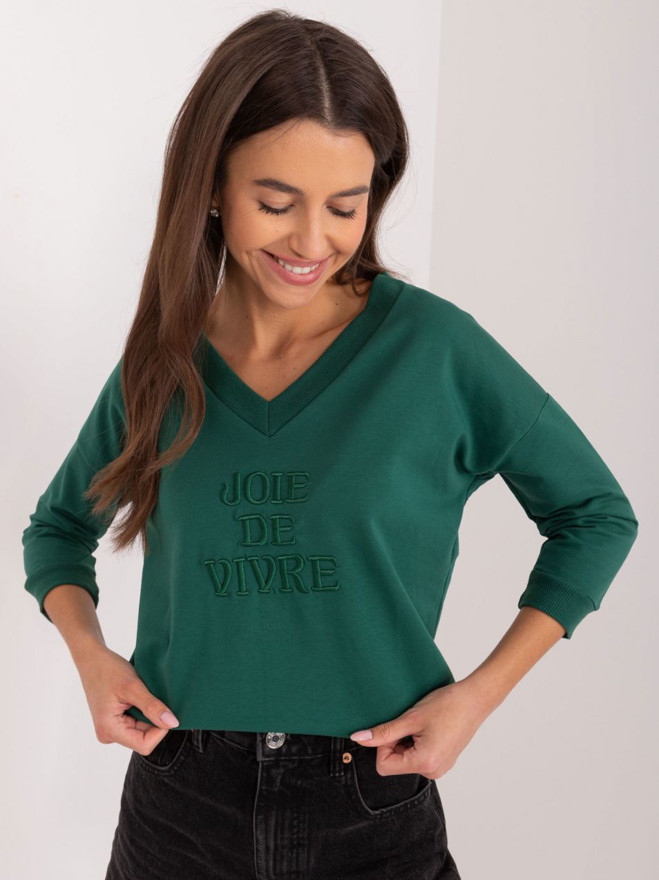 Dark green women's casual blouse with inscription