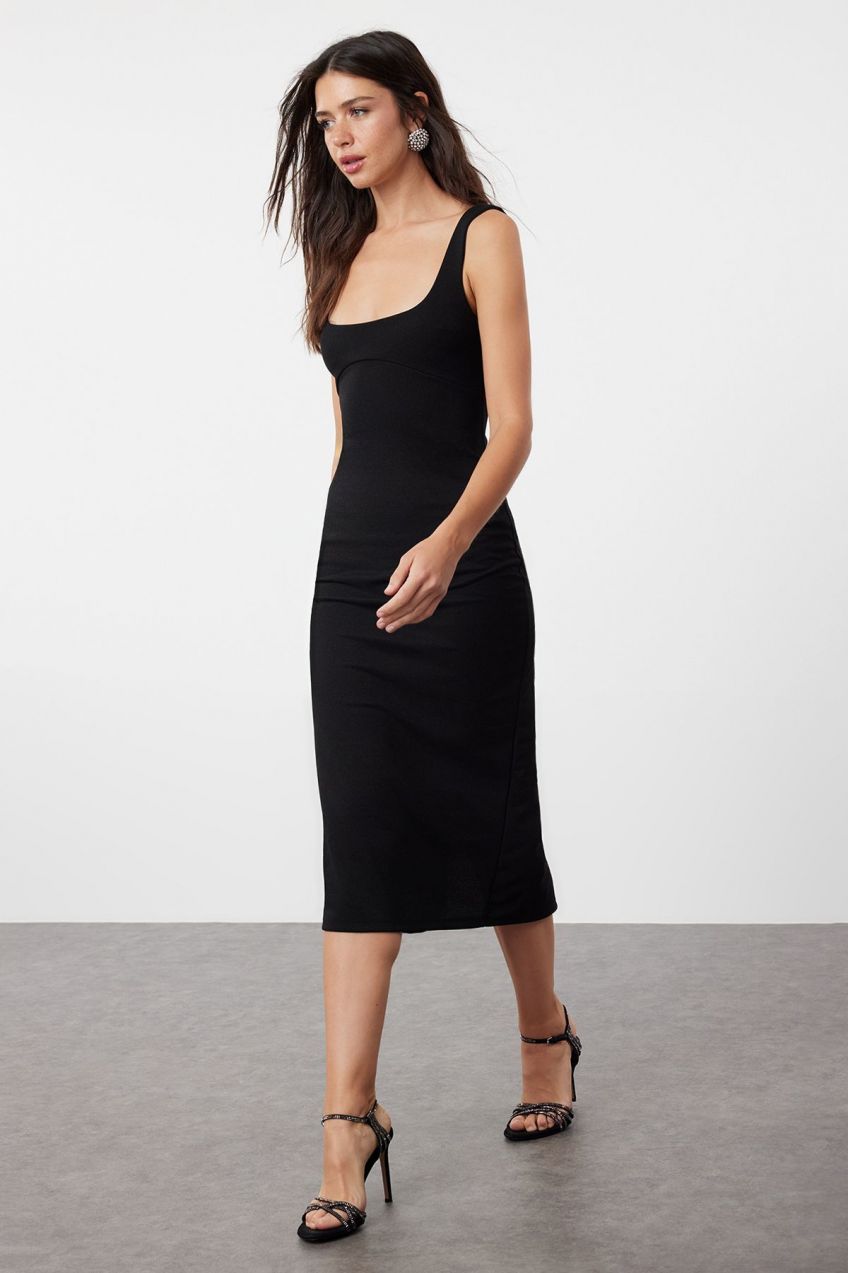 Trendyol Black Fitted Knitted Elegant Evening Dress