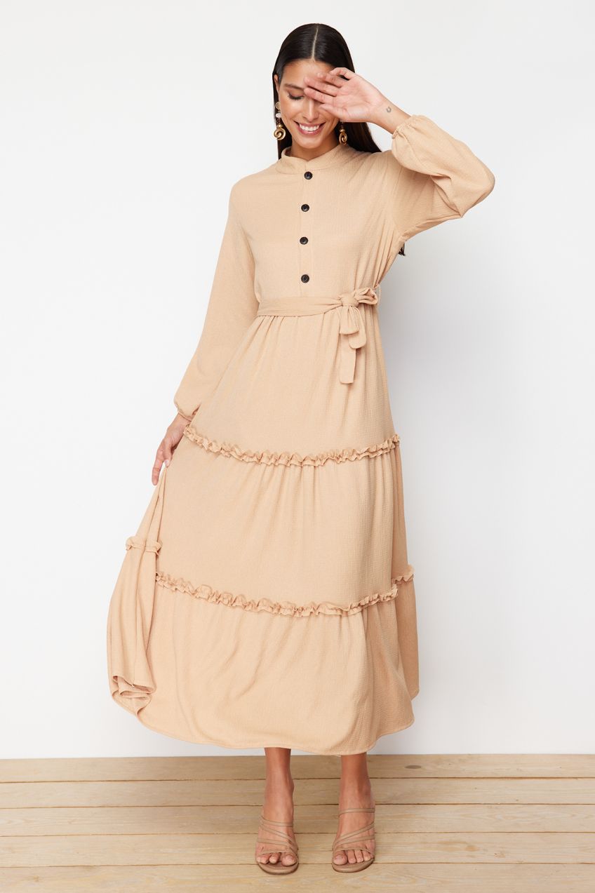 Trendyol Beige Button Detailed Belted Knitted Wrap Dress