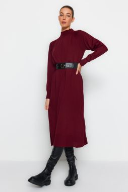 Trendyol Damson Faux Leather Belted High Neck Knitwear Dress