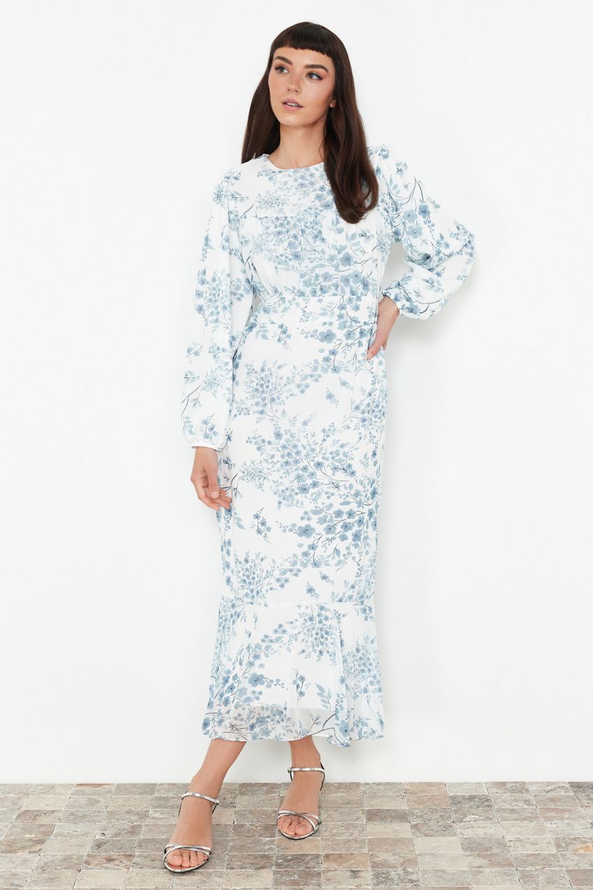 Trendyol Ecru Lined Floral Woven Chiffon Dress
