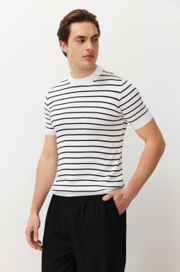 Trendyol White Slim-Tight Fit Crew Neck Striped Knitwear T-Shirt
