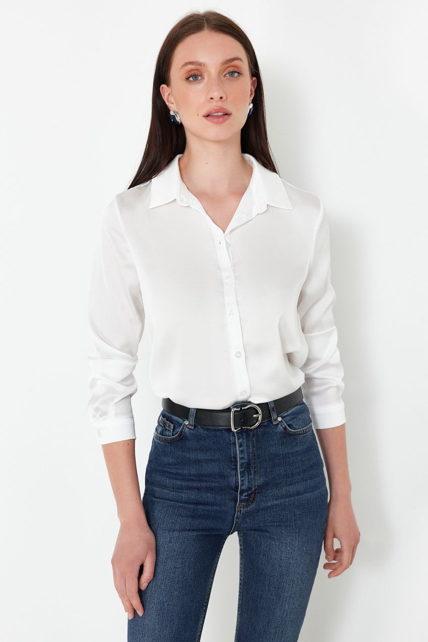 Trendyol Ecru Satin Fabric Regular Pattern Woven Shirt