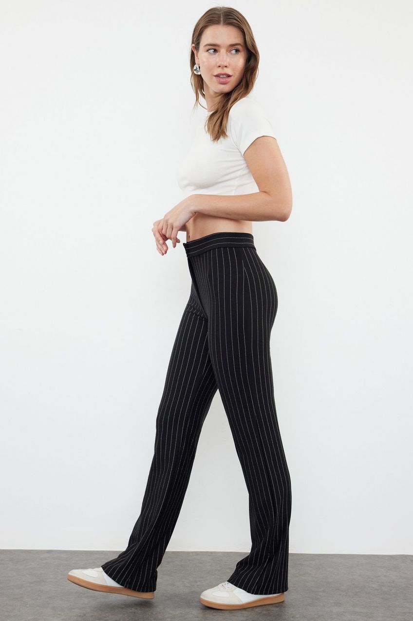 Trendyol Black Striped Stretch Waist Flare Leg Knitted Trousers