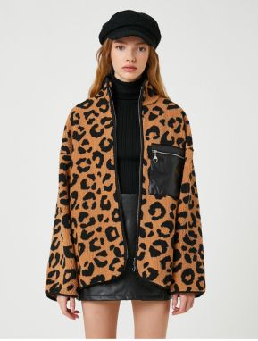 Koton Leopard Patterned Plush Zippered Sweatshirt