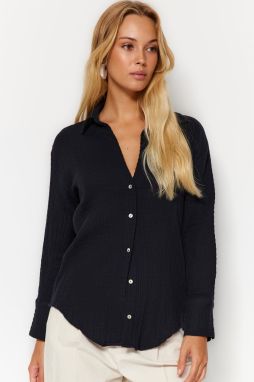 Trendyol Black Oversize Wide Fit Muslin Fabric Woven Shirt