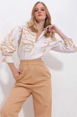 Trend Alaçatı Stili Women's Caramel Branch Patterned Balloon Sleeve Hidden Placket Linen Shirt