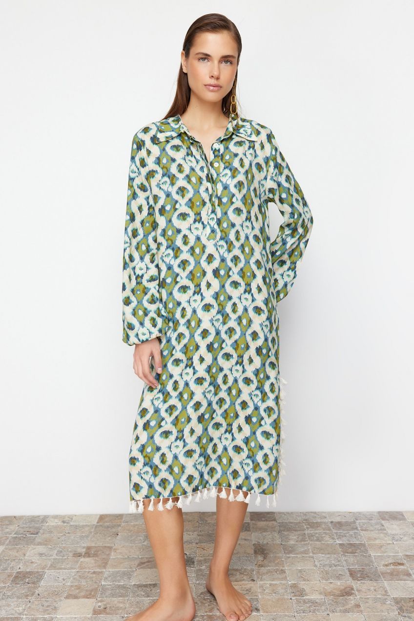 Trendyol Geometric Patterned Maxi Woven Tassel Beach Dress