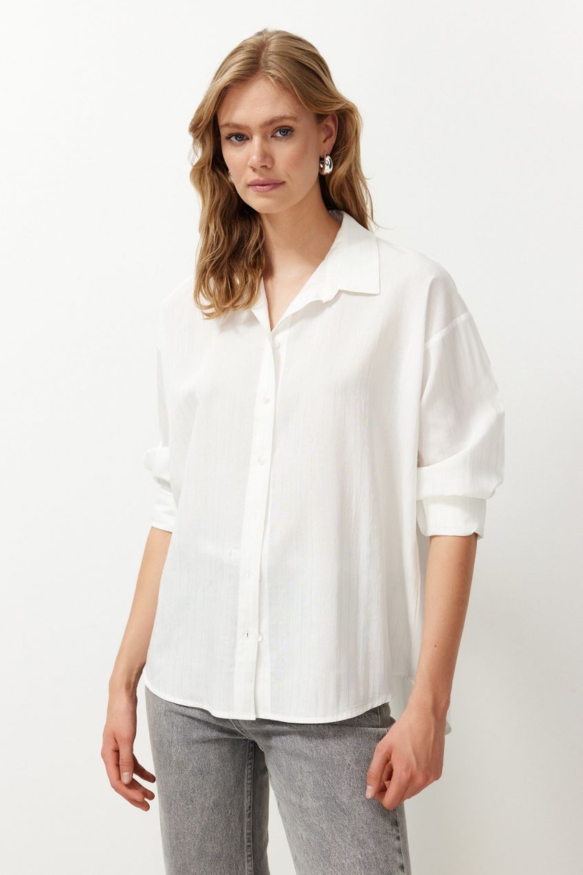 Trendyol Ecru Glitter Striped Oversize Wide Fit Woven Shirt