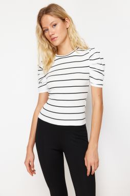 Trendyol White Striped Fitted Balloon Sleeve Ribbed Stretchy Knitted Blouse