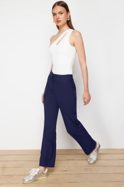 Trendyol Navy Blue Ribbed High Waist Straight Cut Woven Trousers