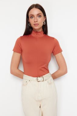 Trendyol Cinnamon Fitted/Fitting Zip Collar Short Sleeve Stretch Knitted Blouse