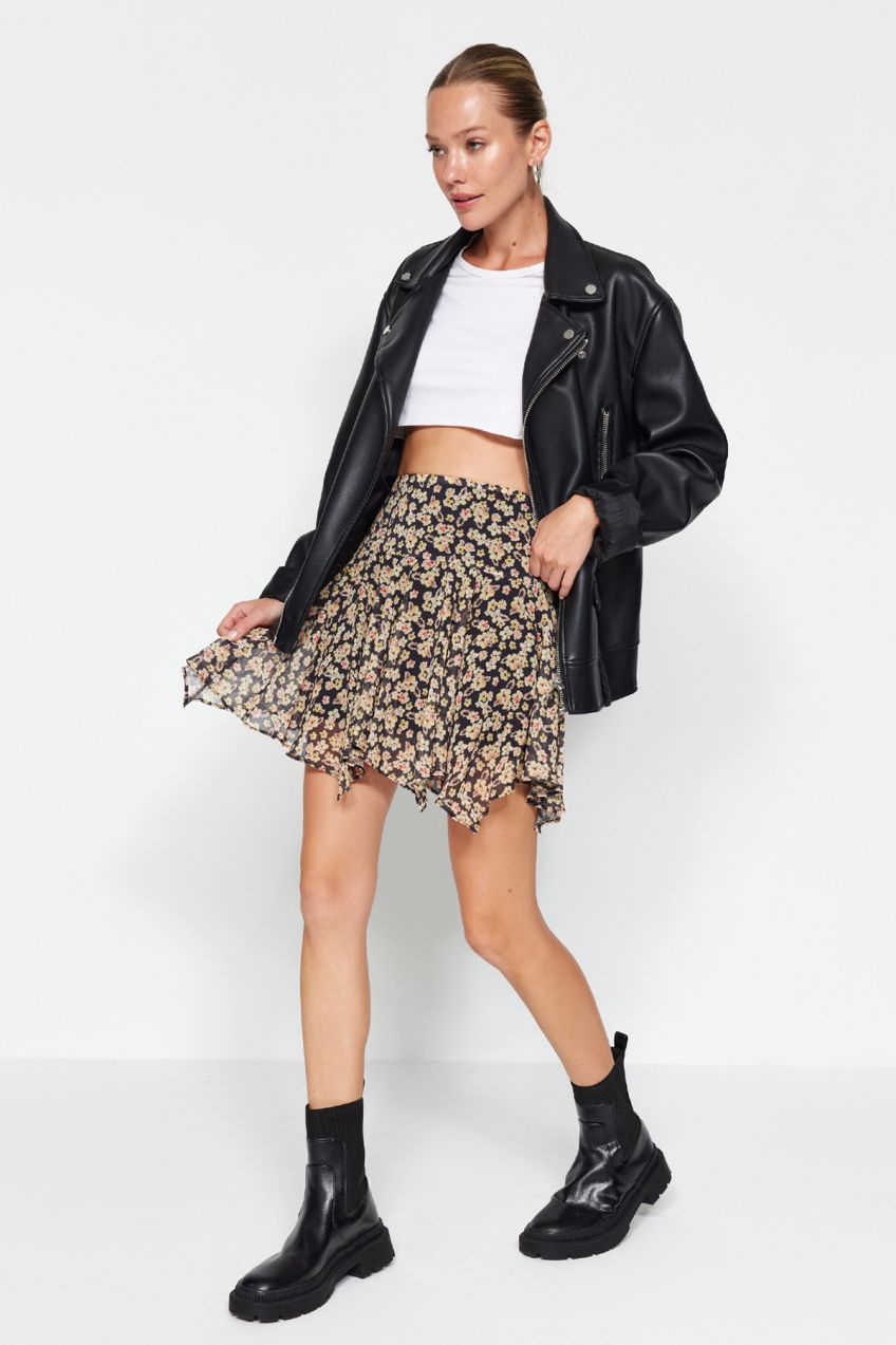 Trendyol Orange Flower Patterned Asymmetrical Viscose Fabric Mini Woven Skirt