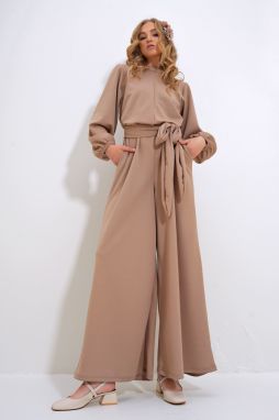 Trend Alaçatı Stili Women's Stone High Collar Back Zipper Princess Sleeve Waist Belted Jumpsuit