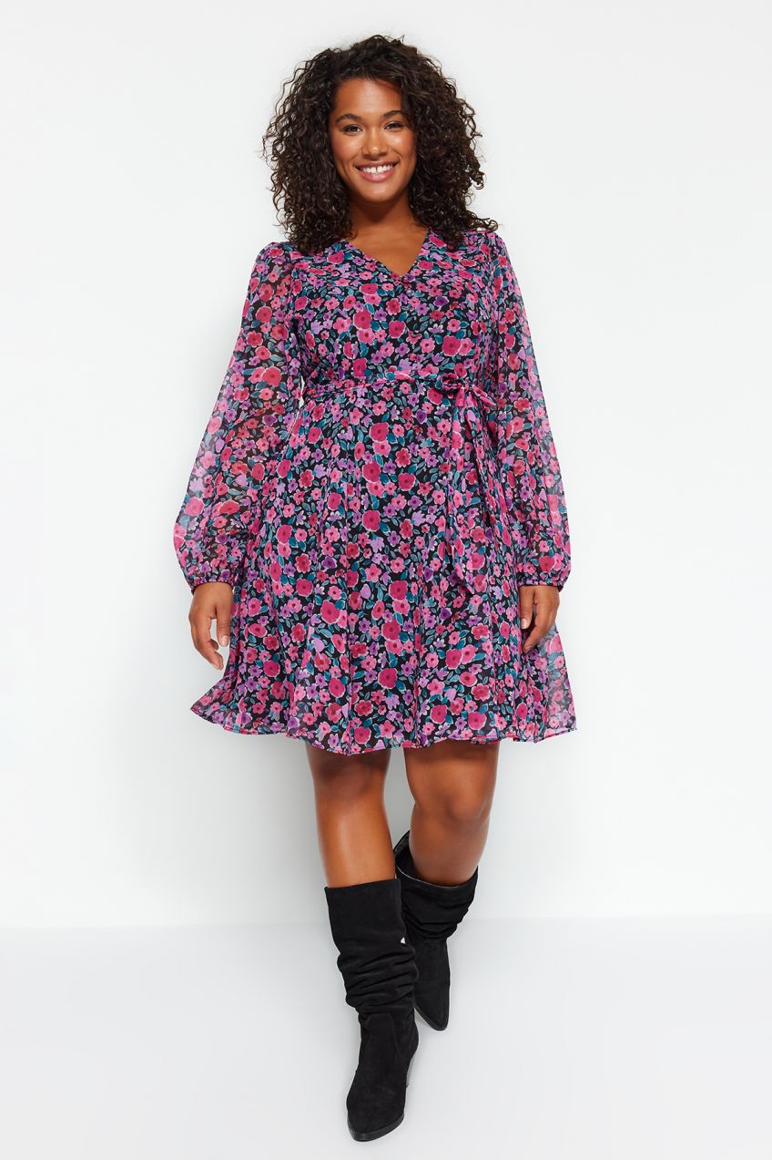 Trendyol Curve Multicolored Floral Belted V-Neck Chiffon Lined Woven Dress