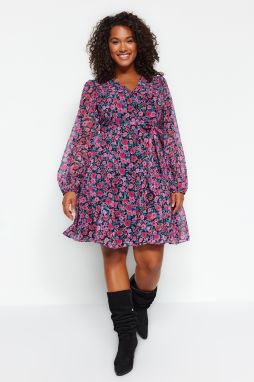 Trendyol Curve Multicolored Floral Belted V-Neck Chiffon Lined Woven Dress