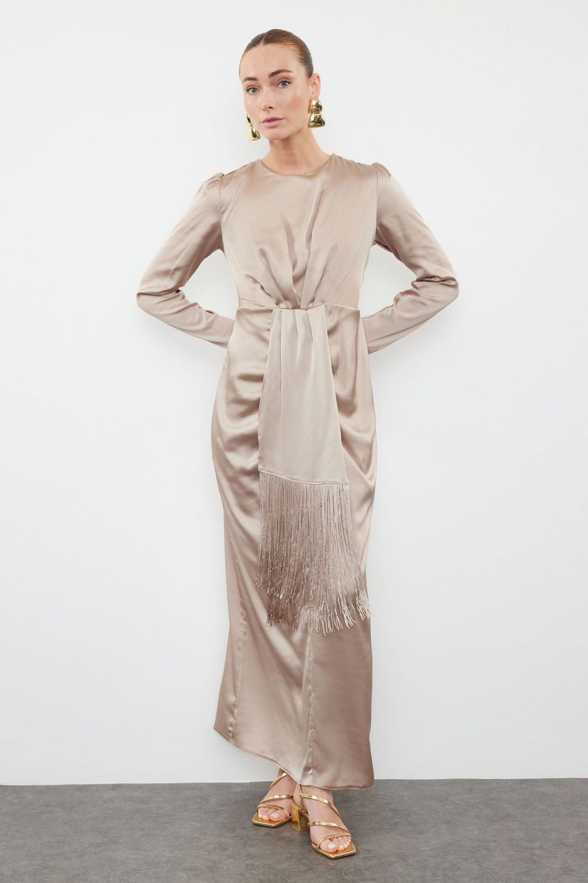 Trendyol Mink Tassel Detailed Satin Woven Evening Dress