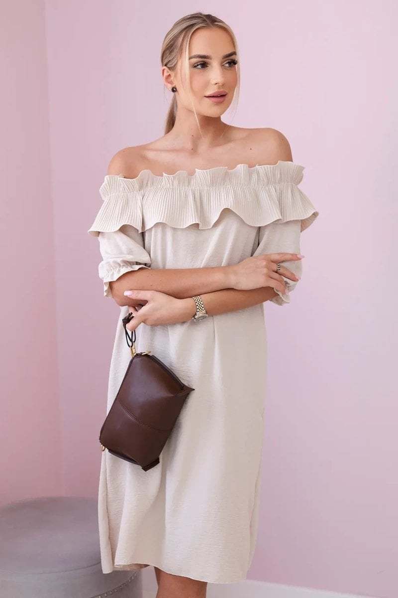 Women's dress with decorative ruffle - beige