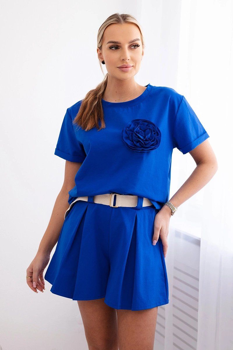 Women's set with decorative floral blouse + shorts - cornflower blue