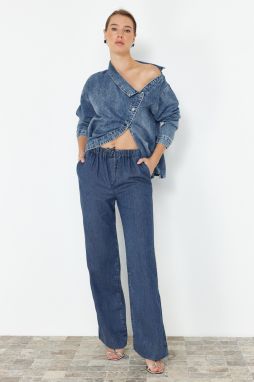 Trendyol Dark Blue 100% Tencel™ Elastic Waist High Waist Wide Leg Jeans