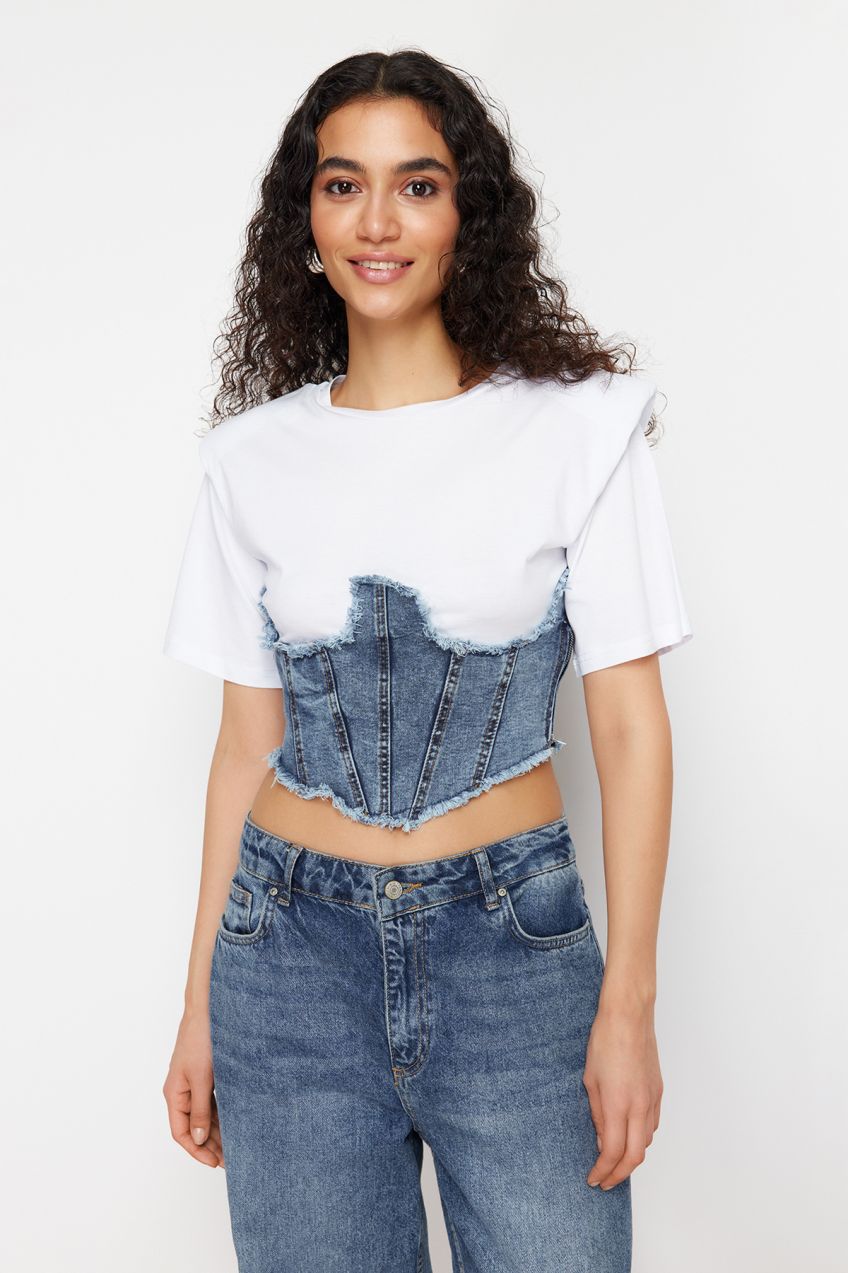 Trendyol White Denim Detailed Crop Padded Knitted Blouse