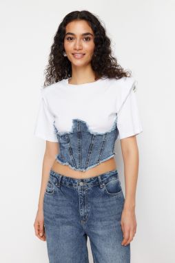 Trendyol White Denim Detailed Crop Padded Knitted Blouse