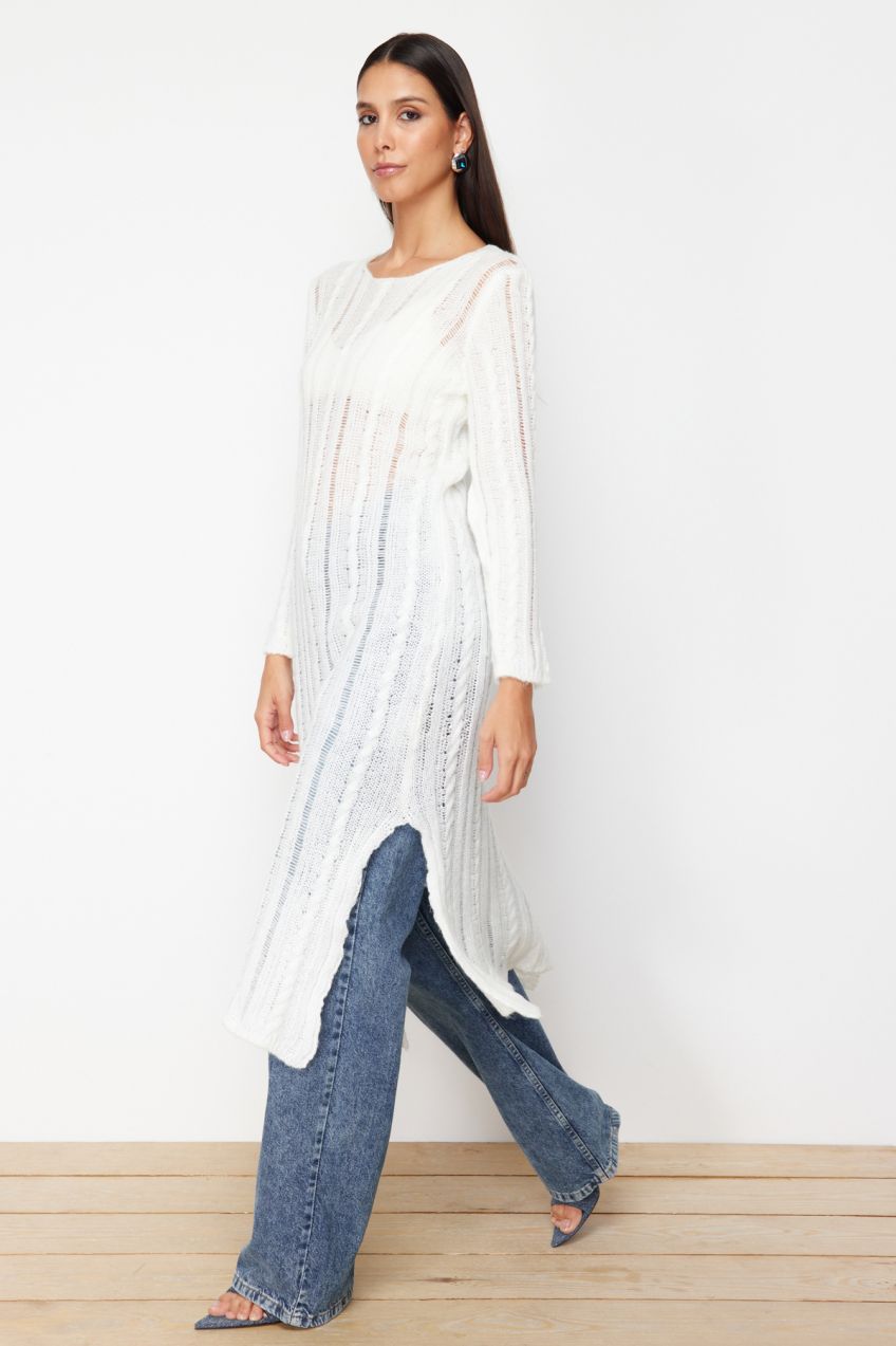 Trendyol Ecru Soft Textured Loose Knit Detailed Knitwear Maxi Dress
