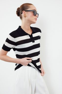 Trendyol Black Polo Neck Striped Knitwear Slim Blouse