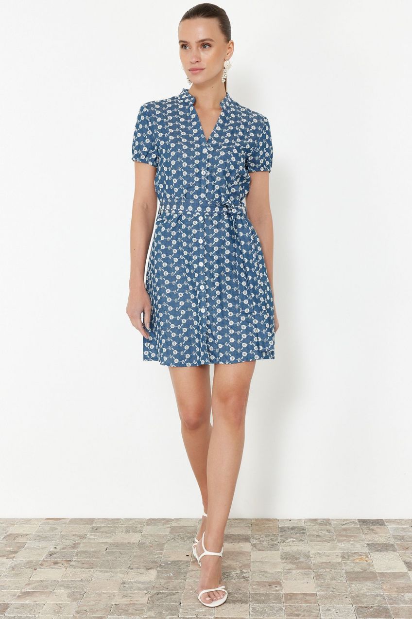 Trendyol Blue Belted Three Quarter Sleeve Mini Shirt Midi Woven Dress