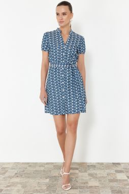 Trendyol Blue Belted Three Quarter Sleeve Mini Shirt Midi Woven Dress