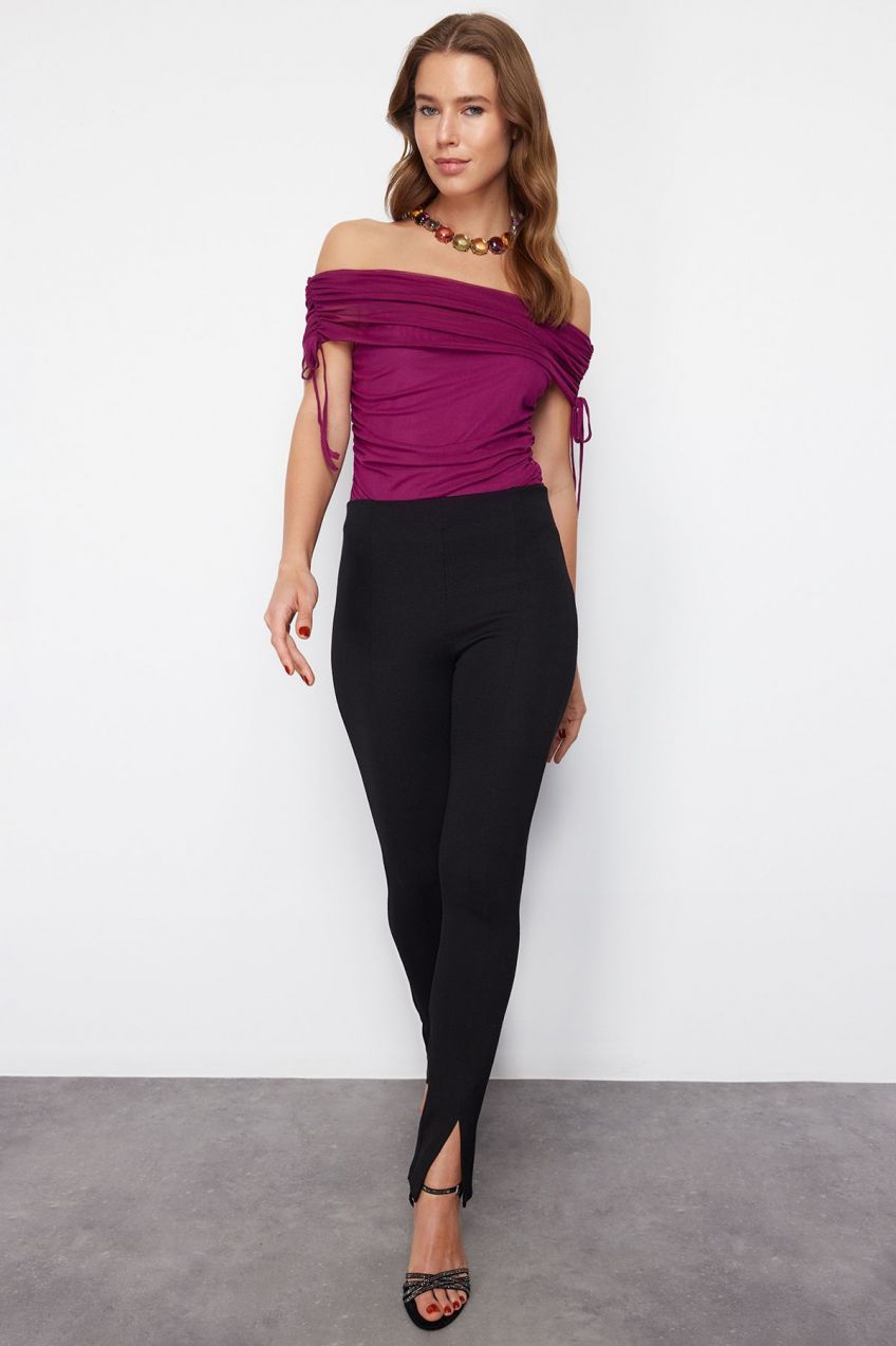 Trendyol Plum Carmen Neck Knitted Tulle Bodysuit